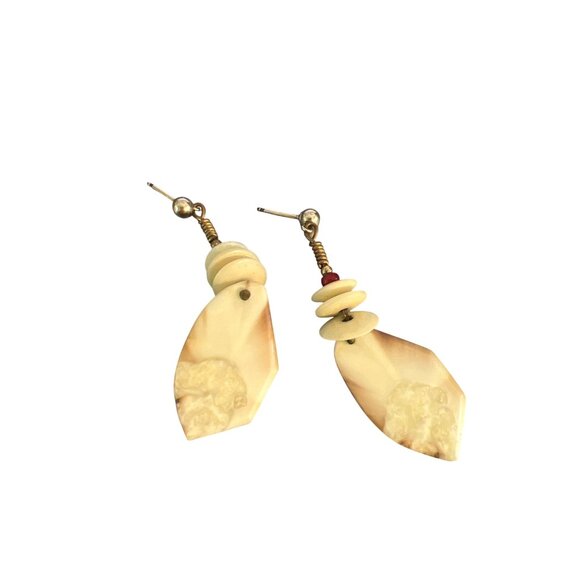 Vintage 14kt GF Dangle Earrings Tagua Nut Cream Natural Pierced Estate 2" 5.12g - Picture 4 of 7